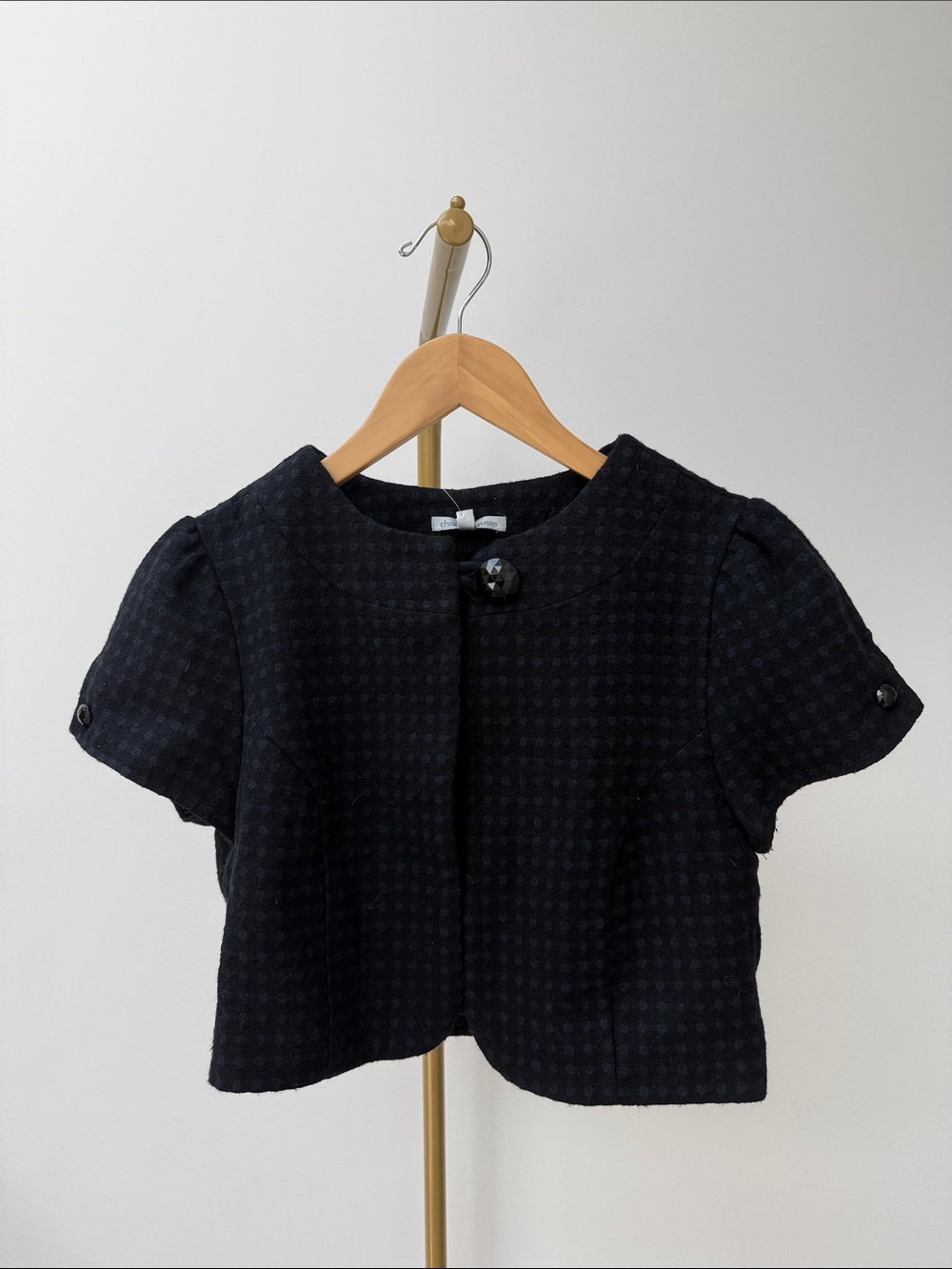 Cropped Textured Black Blue Polka Dot Short Sleeve Blazer Jacket M